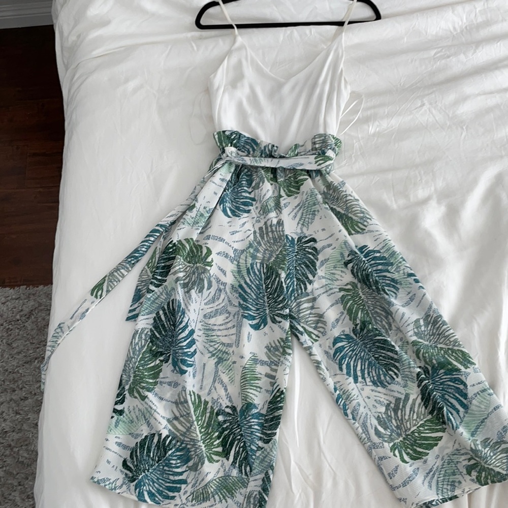 White and green print jumpsuit